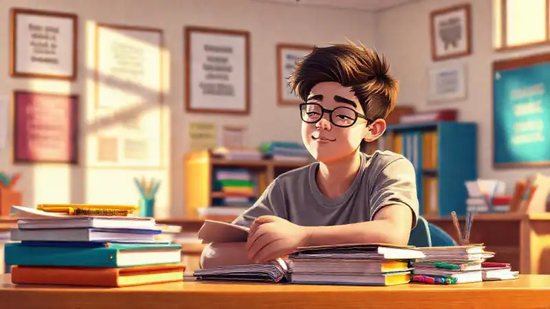 Estudiante estudiando con libros y motivación