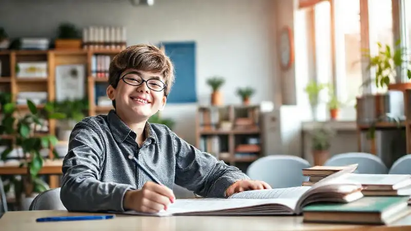Estudiante feliz en aula tranquila y luminosa