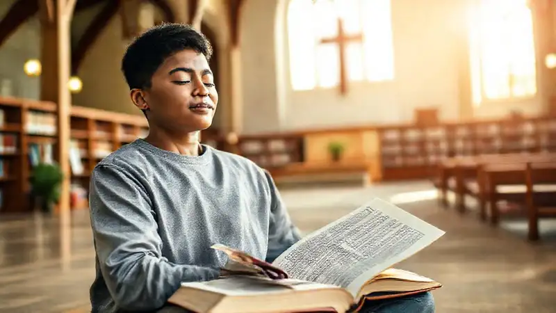 Estudiante tranquilo meditando con libros y recursos