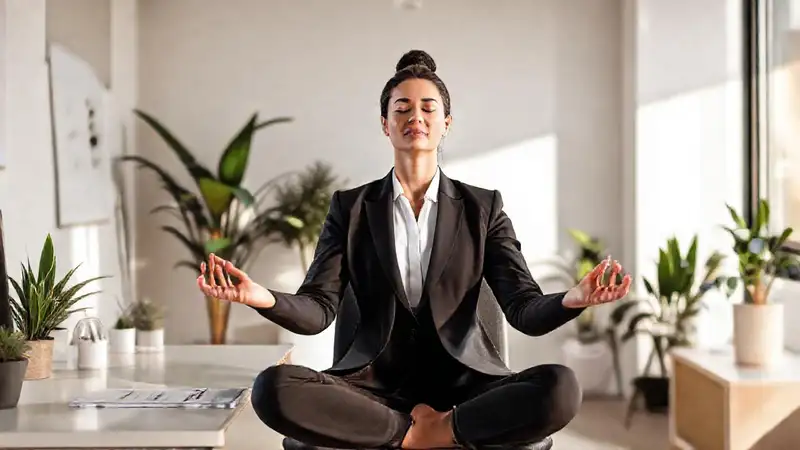 Profesional en oficina meditando con calma y paz
