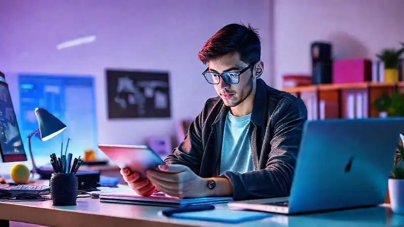 Estudiante moderno estudia con tecnología vibrante y organizada