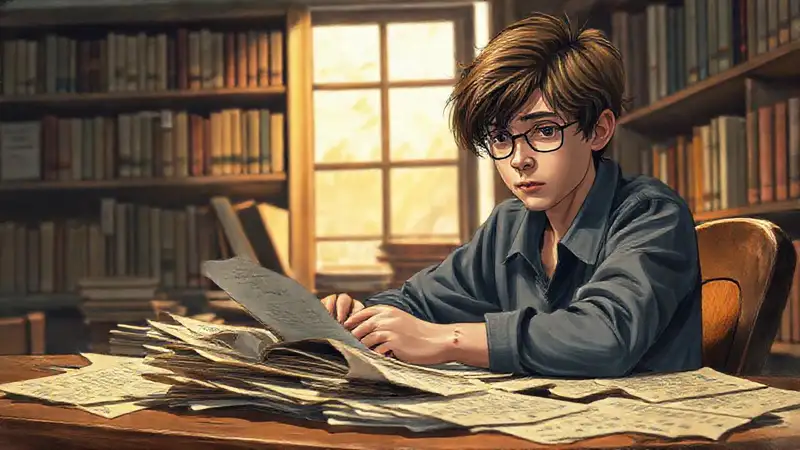 Estudiante estudiando con papeles dispersos