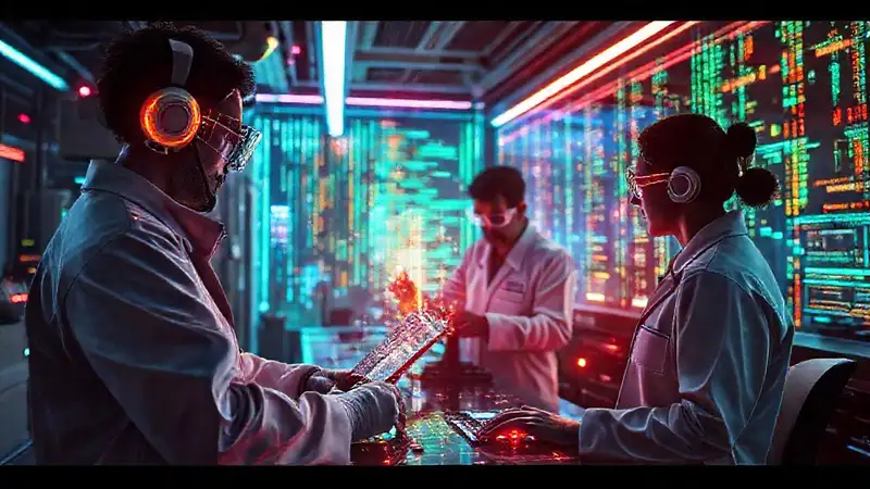 Laboratorio futurista con tecnología avanzada y hologramas