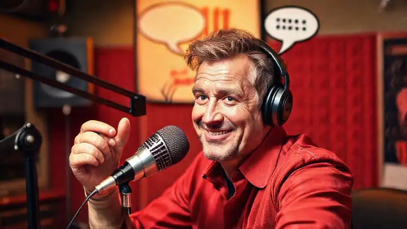 Locutor en micrófono, transmitiendo energía y atención