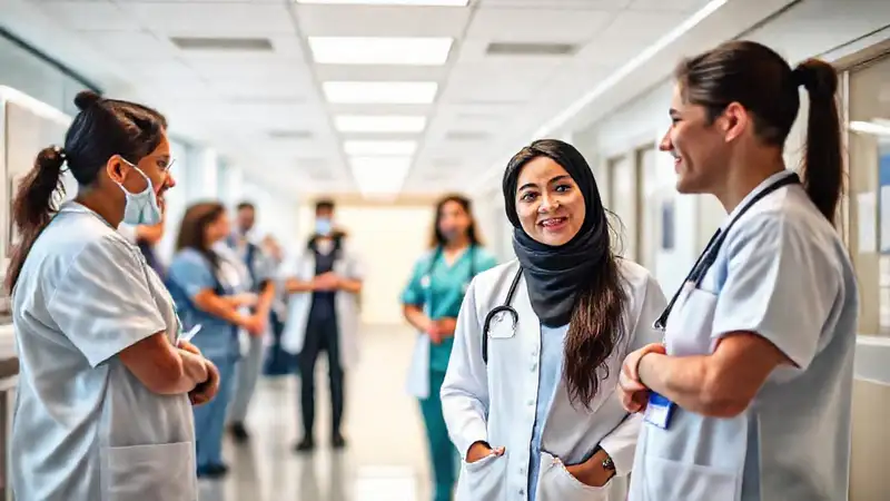 Intern médico comunica con confianza en hospital moderno