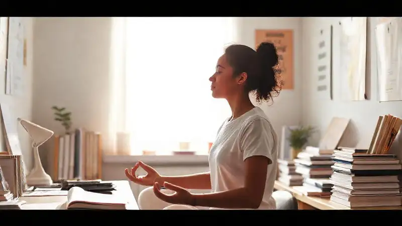 Persona tranquila meditando en ambiente pacífico organizado