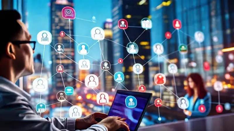 Red social digital con profesionales y símbolos psicológicos