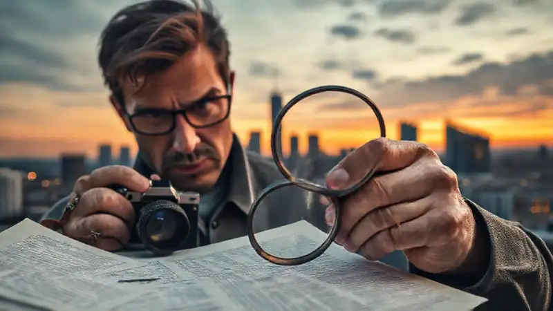 Periodista investigando en la ciudad al atardecer