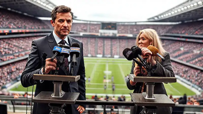 Periodista deportivo imparcial en estadio profesional