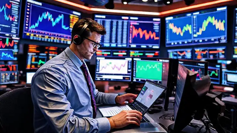 Periodista digital analiza datos económicos en oficina