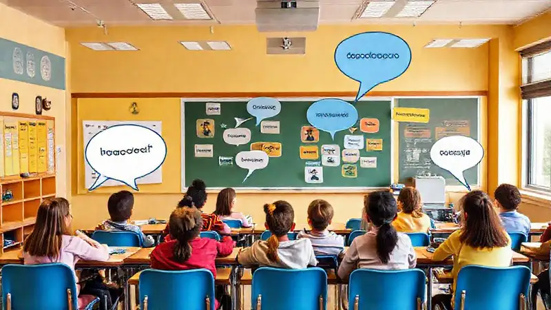 Aula colorida con estudiantes y herramientas interactivas