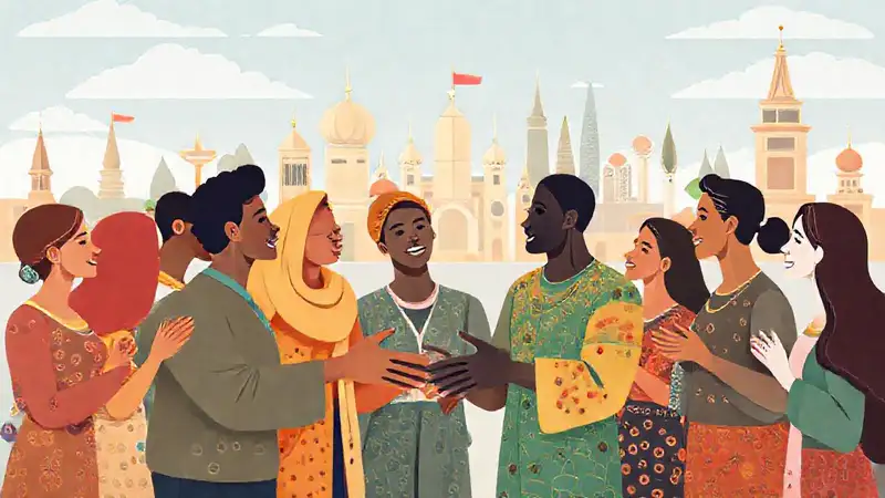 Personas diversas dialogando con símbolos culturales