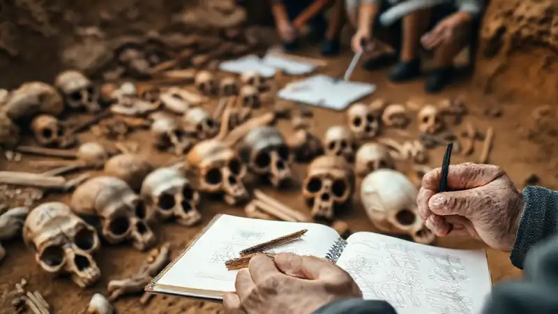 Herramientas antiguas y cráneos en excavación