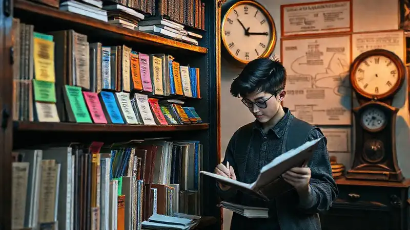 Biblioteca antigua con herramientas de estudio