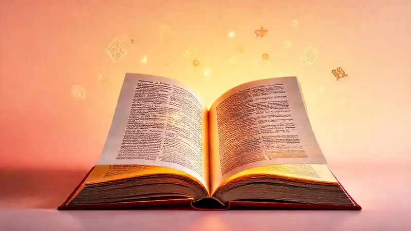Libro abierto con páginas brillantes y símbolos