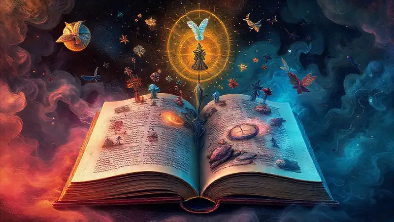 Libro simbólico con iconos y estilo surrealista