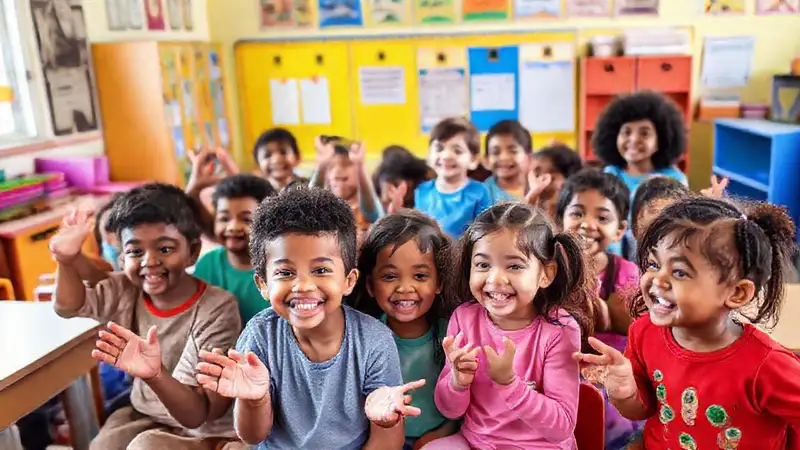 Niños comunicándose con gestos en aula colorida