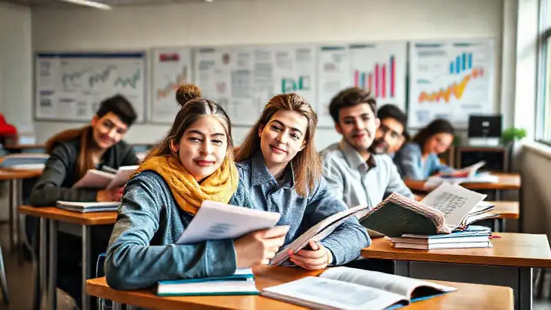 Estudiantes motivados estudiando en aula moderna