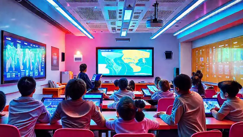 Aula moderna con tecnología y estudiantes participando