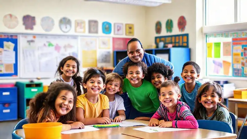 Estudiantes felices en un aula vibrante y positiva