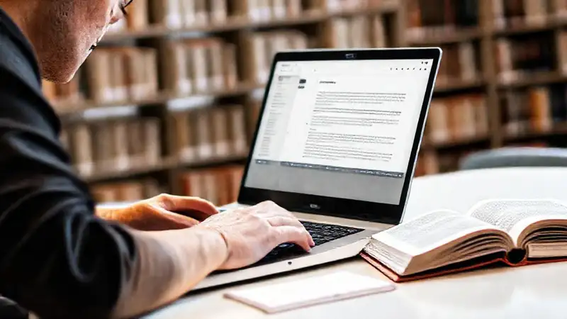 Estudiante revisa referencias en biblioteca moderna