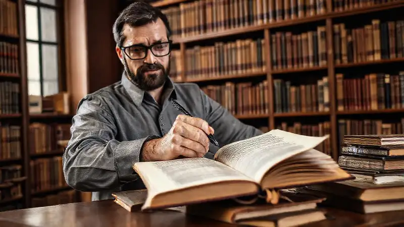 Escritura académica en biblioteca vintage confiable