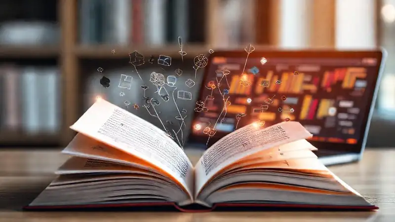 Libro abierto con símbolos lingüísticos digitales
