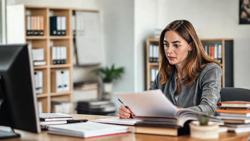 Mujer profesional escribe en oficina organizada