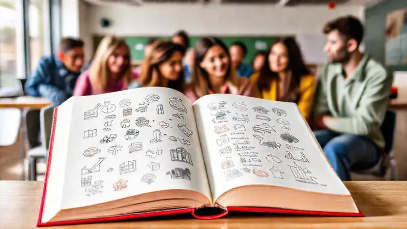 Libro abierto con notas en aula moderna