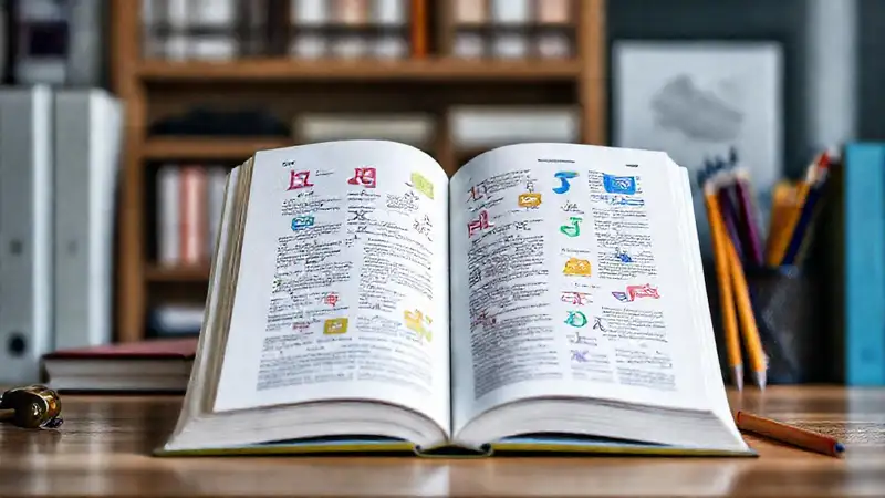 Libro abierto con símbolos lingüísticos y colores