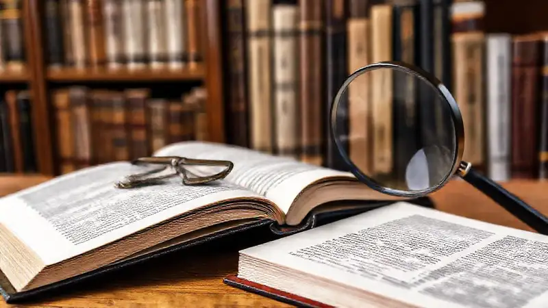 Libro abierto, pluma, lupa y libros clásicos