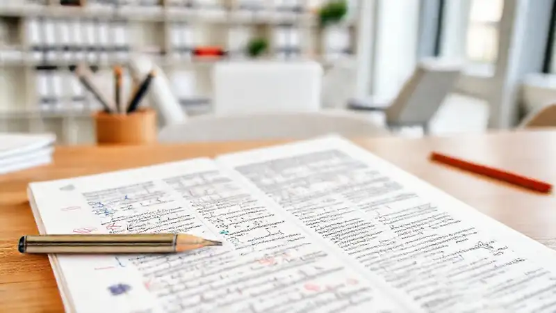 Manuscrito académico con símbolos y anotaciones coloridas