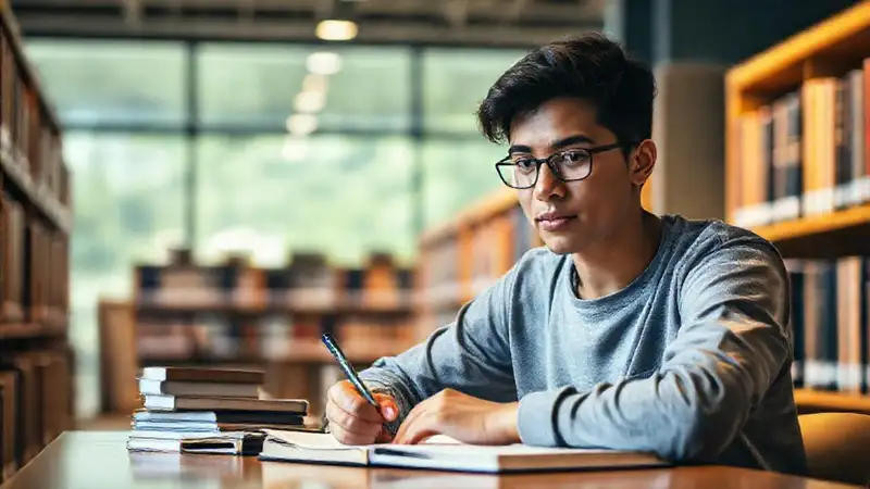 Estudiante joven estudiando en biblioteca moderna