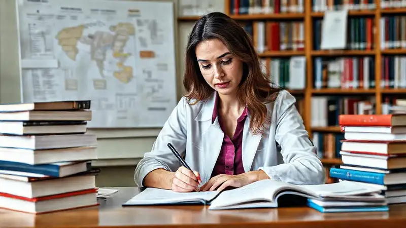 Mujer académica escribe en biblioteca universitaria