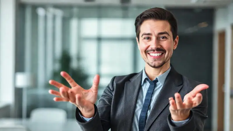 Persona segura gesticula con confianza y sonrisa
