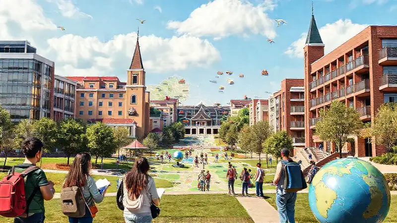 Mapa universitario con estudiantes y arquitectura moderna