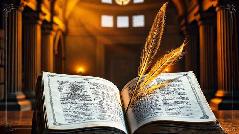 Libro antiguo con pluma y símbolos académicos