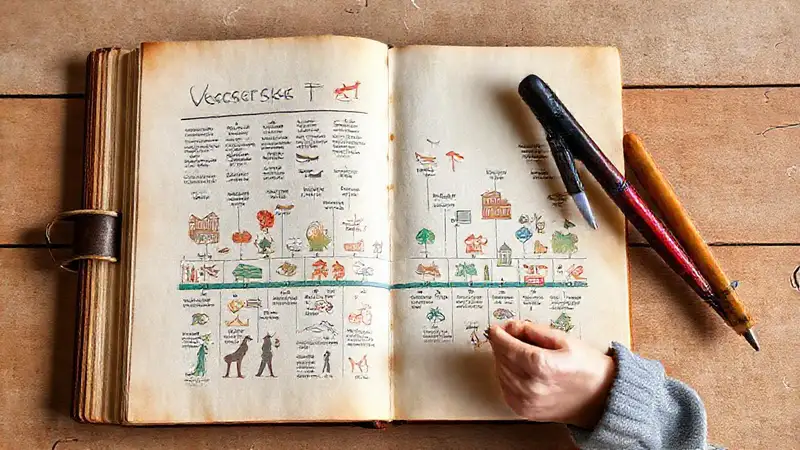 Cuaderno vintage con historia y notas educativas