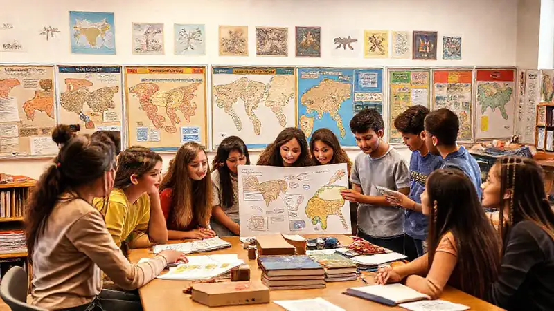 Estudiantes colaborativos en aula cultural vibrante