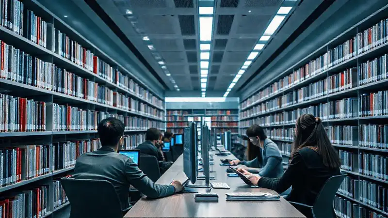 Biblioteca moderna con tecnología y estudio activo