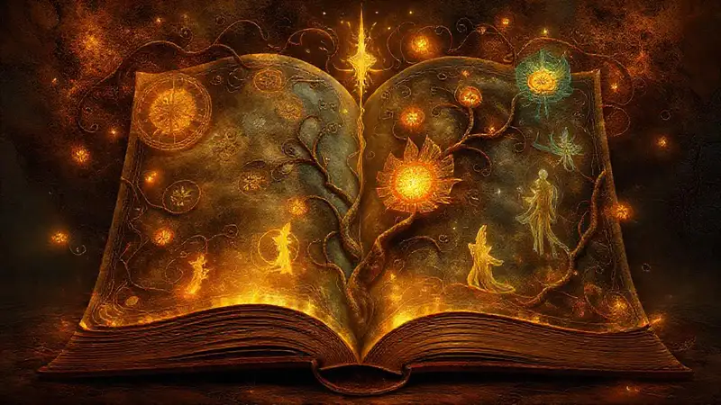 Libro antiguo con símbolos y figuras luminarias