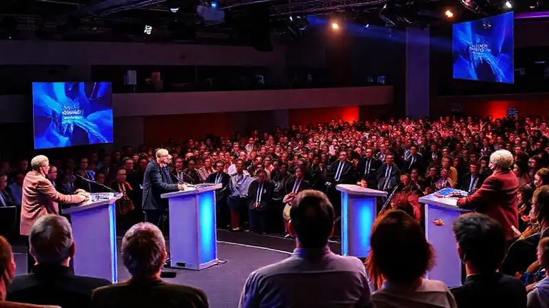 Debate político con audiencia y luces vibrantes