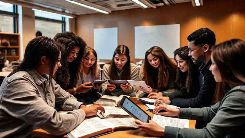 Estudiantes colaboran usando tecnología en clase