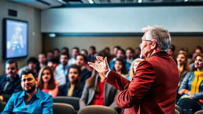 Orador apasionado cautiva audiencia en sala moderna