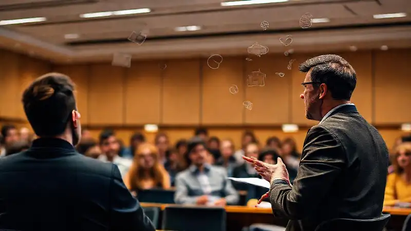 Orador firme en aula moderna y profesional