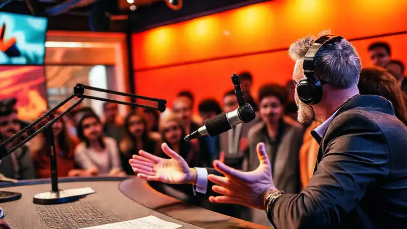 Locutor cautivador en estudio moderno y dinámico