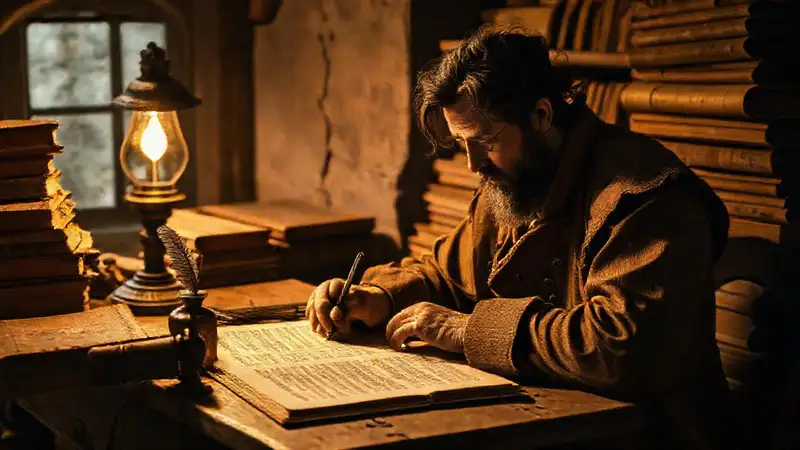 Sabio antiguo estudia manuscritos y libros viejos