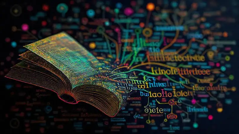 Libros, palabras y símbolos en estilo surreal