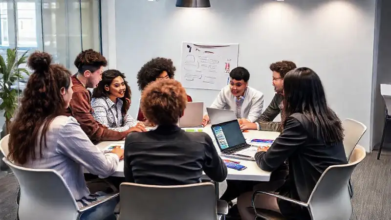 Equipo diverso colaborando en una reunión activa