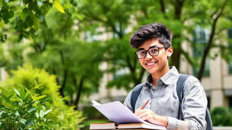 Estudiante seguro en hermoso campus ecológico